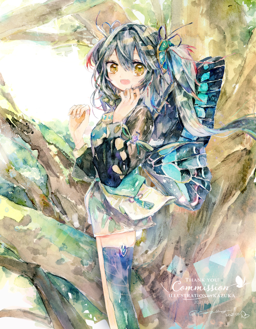 1girl black_hair black_shirt black_thighhighs butterfly_wings highres insect_wings kazuka long_hair long_sleeves looking_at_viewer looking_to_the_side miniskirt original painting_(medium) shirt skirt solo thigh-highs traditional_media tree twintails watercolor_(medium) wings yellow_eyes zettai_ryouiki