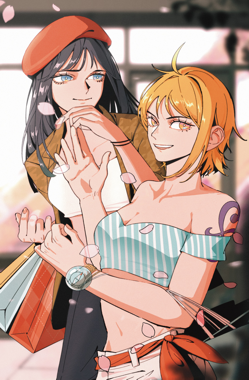 2girls absurdres arm_tattoo bag bandeau bare_shoulders belt blue_eyes brown_jacket cowboy_shot crop_top english_commentary hat highres jacket log_pose looking_at_viewer looking_to_the_side multiple_girls mygiorni nami_(one_piece) nico_robin off-shoulder_shirt off_shoulder one_piece orange_eyes petals pink_petals red_hat shirt shopping_bag short_hair sidelocks smile strapless tattoo tube_top