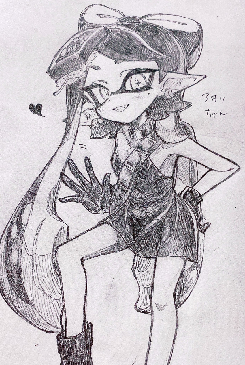 1girl bare_shoulders boots bow-shaped_hair breasts callie_(splatoon) choker commentary_request dress earrings foot_out_of_frame gloves graphite_(medium) grin hand_on_own_hip heart highres hoop_earrings inkling jewelry kinakomochi_920 long_hair looking_at_viewer mole mole_under_eye monochrome motion_lines pointy_ears short_dress small_breasts smile solo splatoon_(series) splatoon_3 star-shaped_pupils star_(symbol) strapless strapless_dress suction_cups swept_bangs symbol-shaped_pupils tentacle_hair traditional_media translation_request twintails very_long_hair waving
