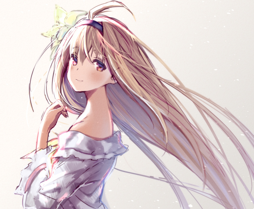1girl ahoge bare_shoulders black_hairband bow bowtie brown_hair closed_mouth collared_shirt commentary_request fingernails flower frilled_shirt frilled_sleeves frills from_side gradient_background granblue_fantasy grey_background hair_between_eyes hair_flower hair_ornament hairband hand_up highres jeanne_d'arc_(granblue_fantasy) light_blush light_particles long_hair long_sleeves looking_at_viewer off-shoulder_shirt off_shoulder red_eyes shirt simple_background smile solo straight_hair upper_body usamata very_long_hair white_shirt white_sleeves wide_sleeves yellow_bow yellow_bowtie yellow_flower