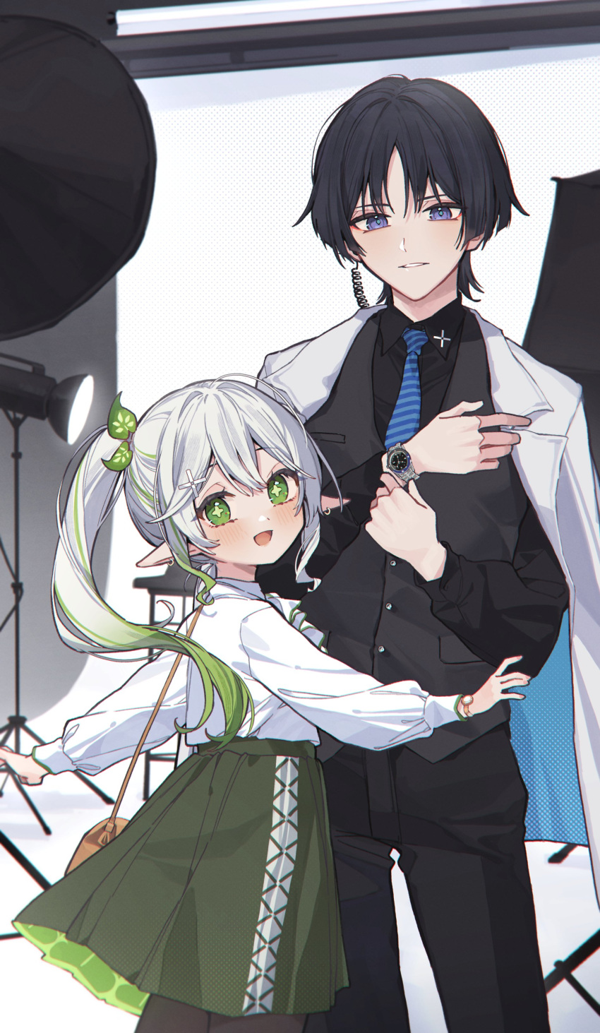 1boy 1girl absurdres bag black_hair black_pants black_shirt black_vest blue_necktie blush commentary_request cross-laced_clothes cross-laced_skirt cross-shaped_pupils cross_hair_ornament diagonal-striped_clothes diagonal-striped_necktie ear_piercing from_side genshin_impact green_eyes green_hair green_skirt hair_ornament highres jacket jacket_on_shoulders leaf_hair_ornament long_sleeves multicolored_hair nahida_(genshin_impact) necktie open_mouth pants piercing pointy_ears puffy_long_sleeves puffy_sleeves scaramouche_(genshin_impact) shirt shoulder_bag side_ponytail skirt smile streaked_hair striped_clothes symbol-shaped_pupils tsukino_(nakajimaseiki) upper_body vest violet_eyes watch watch white_hair white_jacket white_shirt