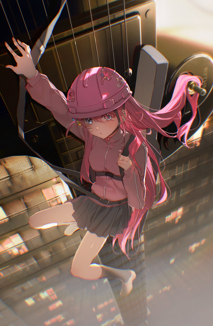 1girl absurdres black_socks blue_eyes bocchi_the_rock! breasts commentary_request cube_hair_ornament gotoh_hitori gotoh_hitori_(octopus) grey_skirt guitar hair_between_eyes hair_ornament hard_hat helmet highres instrument jacket kneehighs long_hair long_sleeves looking_at_viewer medium_breasts one_side_up oversized_object parted_lips pink_hair pink_jacket pleated_skirt pong_(pong_o0) skirt socks solo very_long_hair