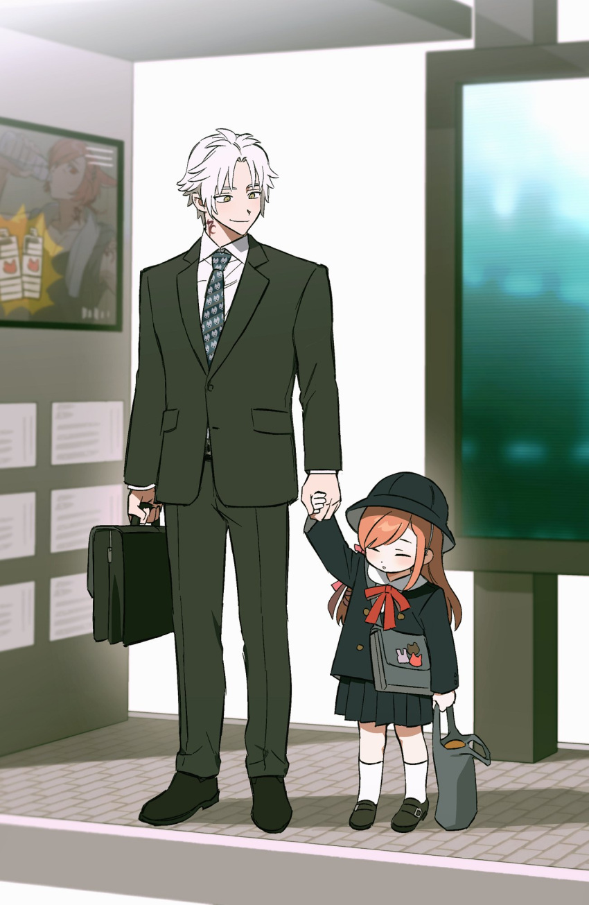 1boy 1girl =_= ad aged_down arm_at_side arm_up bag black_footwear black_hat black_jacket black_pants black_skirt black_suit blue_necktie bow bowtie briefcase brown_eyes child chinese_commentary closed_eyes collared_shirt commentary_request day father_and_daughter final_fantasy final_fantasy_xiv full_body g'raha_tia hair_ribbon hat height_difference highres holding holding_bag holding_briefcase holding_hands hyur jacket kindergarten_uniform kneehighs loafers long_hair long_sleeves neck_tattoo necktie open_mouth orange_hair outdoors pants red_bow red_bowtie ribbon ryne_waters school_bag school_hat shirt shoes short_hair skirt smile socks standing suit swept_bangs tattoo thancred_waters white_hair white_shirt white_socks wuliu_heihuo