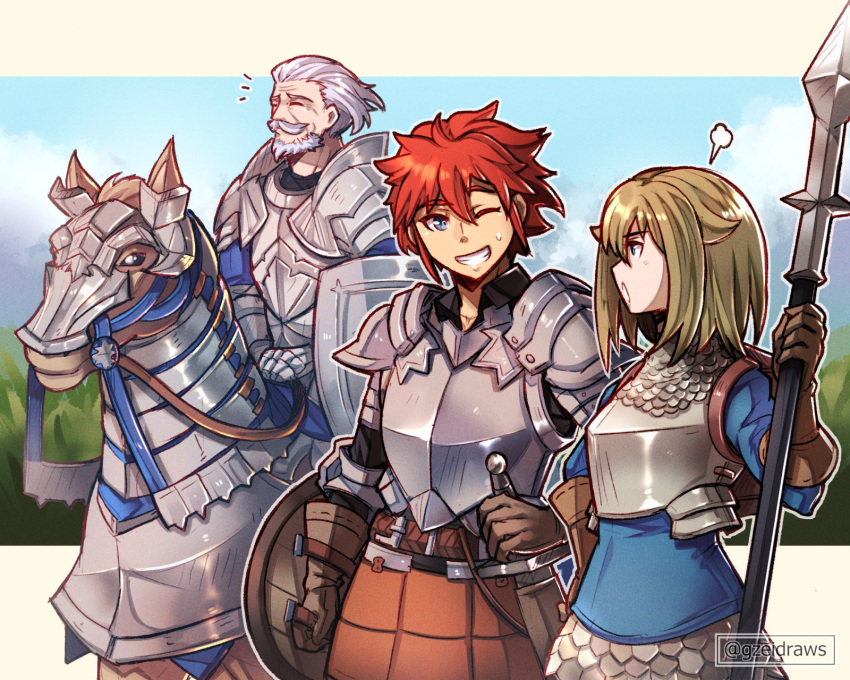 1boy 1girl armor artist_name beard blue_eyes blue_sky breastplate brown_gloves brown_hair character_request chloe_(unicorn_overlord) closed_eyes commentary english_commentary facial_hair gender_request gloves gzei hand_on_own_hip highres holding holding_polearm holding_shield holding_weapon horse josef_(unicorn_overlord) letterboxed medium_hair mustache notice_lines one_eye_closed open_mouth outdoors polearm puff_of_air redhead scale_armor sheath sheathed shield short_hair sky smile spear sweat sword teeth unicorn_overlord weapon white_hair
