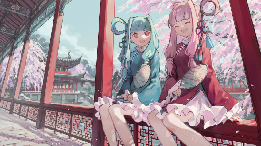 2girls a.i._voice absurdres architecture blue_dress blue_hair blue_sky blunt_bangs breasts castle cherry_blossoms china_dress chinese_clothes closed_eyes day dress east_asian_architecture falling_petals feet_out_of_frame flower_knot frilled_dress frills hair_intakes hair_ornament hand_fan highres holding holding_fan kotonoha_akane kotonoha_aoi kyo_mizusawa long_hair long_sleeves looking_at_another low-tied_sidelocks medium_breasts multiple_girls on_railing open_mouth outdoors petals pillar pink_hair railing red_dress red_eyes siblings single_hair_ring sisters sitting sky smile tassel tassel_hair_ornament tree voiceroid