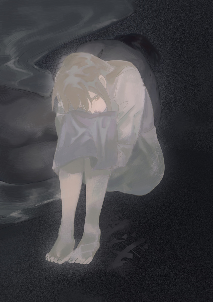 1boy 1girl absurdres barefoot black_background brown_hair character_request chinese_commentary colored_skin crive dress facing_away grey_dress grey_skin highres hugging_own_legs light_and_night_love long_hair long_sleeves short_hair sitting toes