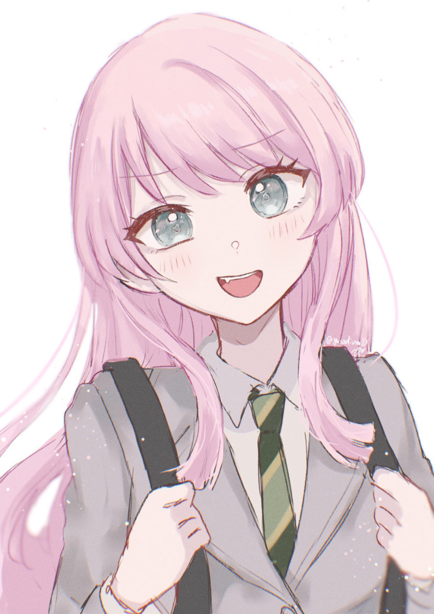 1girl backpack bag bang_dream! bang_dream!_it's_mygo!!!!! blush chihaya_anon collared_shirt commentary_request green_necktie grey_eyes grey_jacket hands_up haneoka_school_uniform highres jacket light_particles long_sleeves necktie open_mouth pine_(pineapple5459) pink_hair school_uniform shirt simple_background smile solo upper_body white_background white_shirt