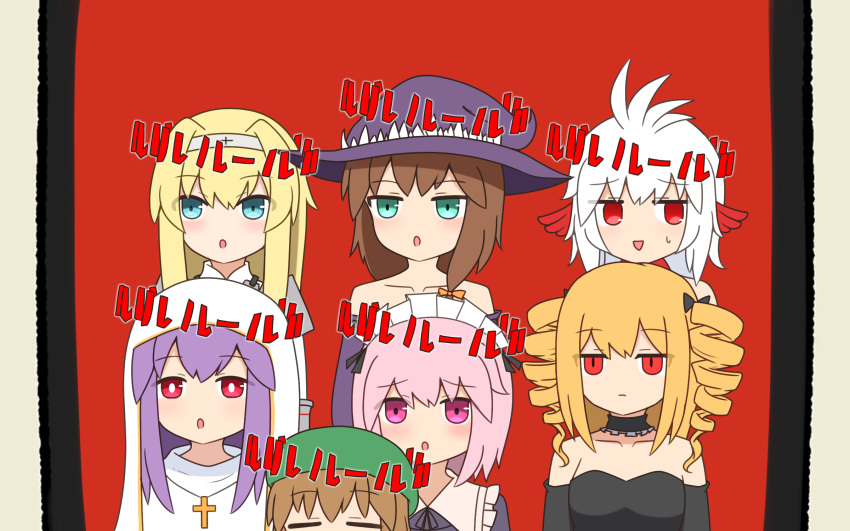 6+girls :d :o bare_shoulders bird_girl black_bow black_dress black_sleeves black_souls blonde_hair blue_eyes bow breasts bright_pupils brown_hair catherine_(black_souls) chainsaw_man closed_eyes commentary_request detached_sleeves dorothy_(black_souls) dress drill_hair elisabeth_(black_souls) elma_(black_souls) expressionless facing_viewer feathers goose_(black_souls) green_eyes habit hair_bow hairband hat hb9wr0 highres jeanne_(black_souls) jouzai_(song) long_hair maid maid_headdress multiple_girls nun open_mouth pillarboxed pink_hair purple_dress purple_hair red_background red_eyes red_feathers sideways_glance simple_background smile sweatdrop translation_request twin_drills upper_body victoria_(black_souls) violet_eyes white_hair white_hairband witch_hat