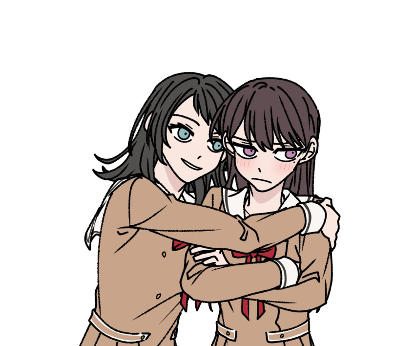 2girls a_jak arm_around_neck bang_dream! bang_dream!_it's_mygo!!!!! black_hair blue_eyes blush brown_dress brown_hair closed_mouth commentary_request crossed_arms dress embarrassed hanasakigawa_school_uniform hand_on_another's_arm hug korean_commentary long_hair long_sleeves mole mole_under_eye multiple_girls parted_lips sailor_collar school_uniform shiina_taki simple_background smile violet_eyes white_background white_sailor_collar yahata_umiri