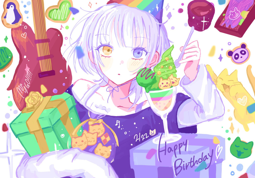 1girl bang_dream! bang_dream!_it's_mygo!!!!! beamed_eighth_notes bird black_shirt blue_eyes blush box cat chap55al commentary_request dated electric_guitar english_text food gift gift_box guitar happy_birthday hat heart-shaped_food heterochromia highres holding holding_spoon ice_cream instrument kaname_raana layered_sleeves long_sleeves looking_at_viewer medium_hair musical_note panda parted_lips party_hat penguin rainbow_print shirt short_over_long_sleeves short_sleeves sleeves_past_wrists solo sparkle spoon sundae upper_body white_hair yellow_cat yellow_eyes