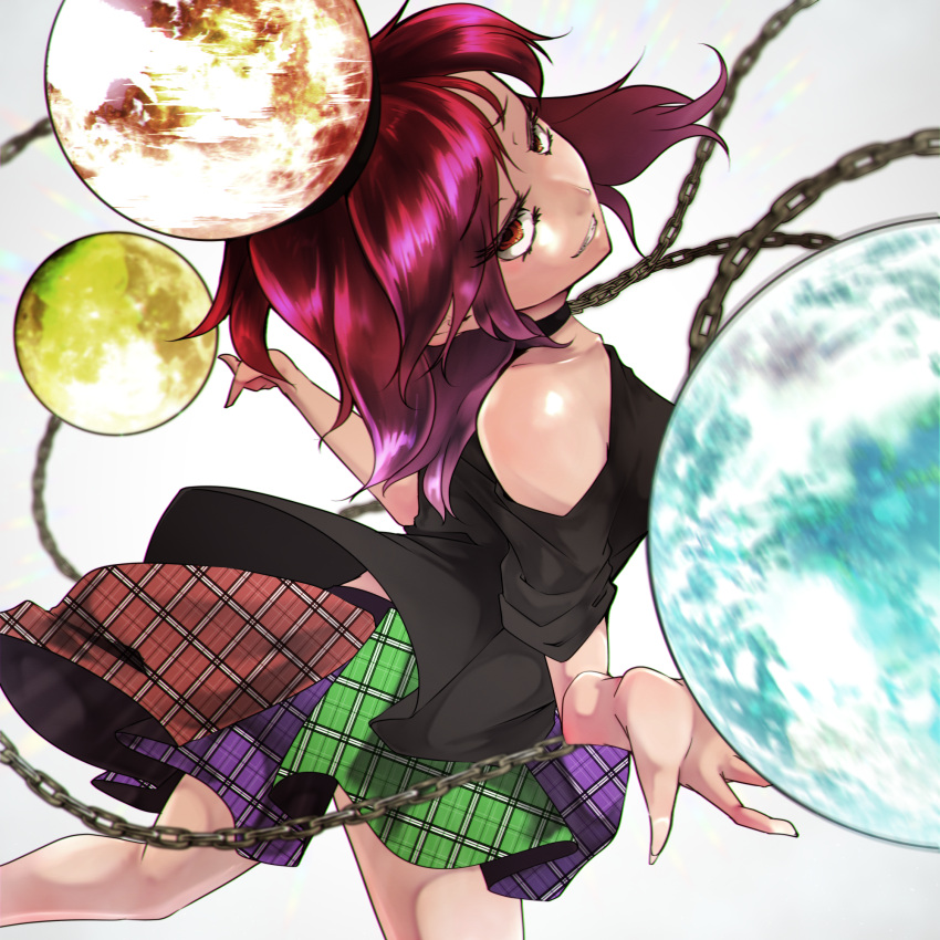 1girl bare_shoulders black_shirt breasts chain commentary earth_(ornament) from_above hecatia_lapislazuli highres looking_at_viewer looking_up medium_breasts medium_hair moon_(ornament) multicolored_clothes multicolored_skirt off-shoulder_shirt off_shoulder open_mouth plaid plaid_skirt red_eyes redhead shirt short_sleeves skirt smile solo t-shirt teinba touhou underworld_(ornament) white_background