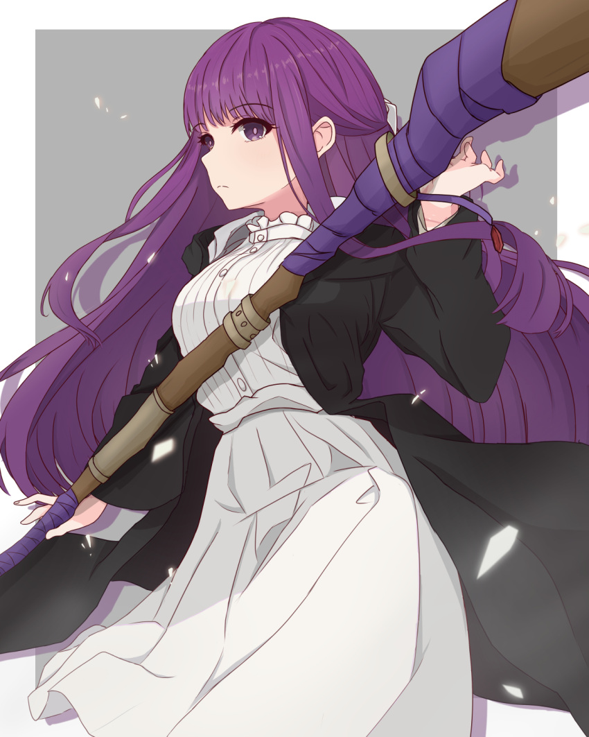 1girl black_coat breasts coat commentary_request dress drop_shadow expressionless fern_(sousou_no_frieren) highres large_breasts long_hair purple_hair shards solo sousou_no_frieren staff sumishake very_long_hair violet_eyes white_dress