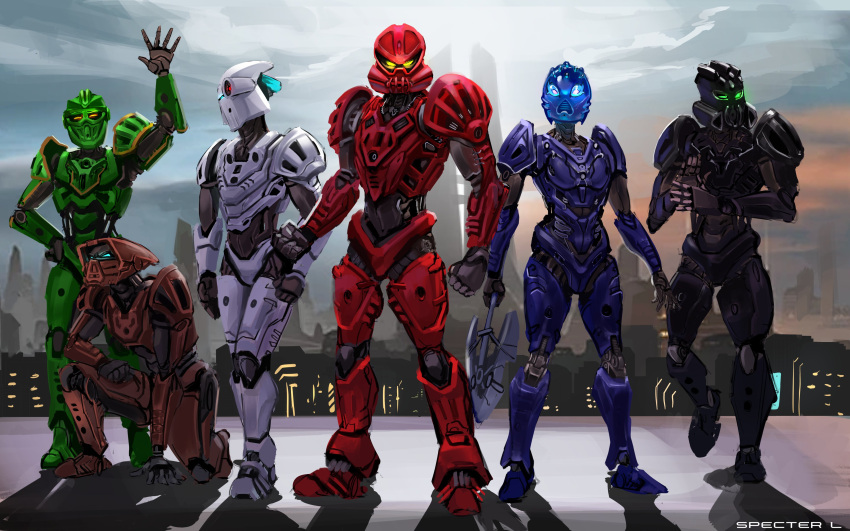 1girl 5boys ^_^ absurdres artist_name bionicle blue_eyes city clenched_hands closed_eyes english_commentary glowing glowing_eyes green_eyes highres holding holding_weapon humanoid_robot kanohi_(bionicle) looking_ahead looking_at_viewer looking_to_the_side mask matau_(bionicle) multiple_boys nokama_(bionicle) nuju_(bionicle) on_one_knee onewa_(bionicle) robot shadow specter_l the_lego_group vakama_(bionicle) waving weapon whenua_(bionicle) yellow_eyes