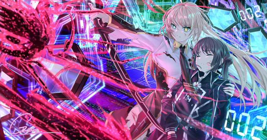 2girls absurdres blonde_hair collared_dress dress duel_monster geez green_eyes grey_hair highres holding holding_sword holding_weapon long_hair long_sleeves multiple_girls necktie sky_striker_ace_-_raye sky_striker_ace_-_roze sky_striker_ace_-_shizuku sword twintails two-tone_dress weapon yu-gi-oh!