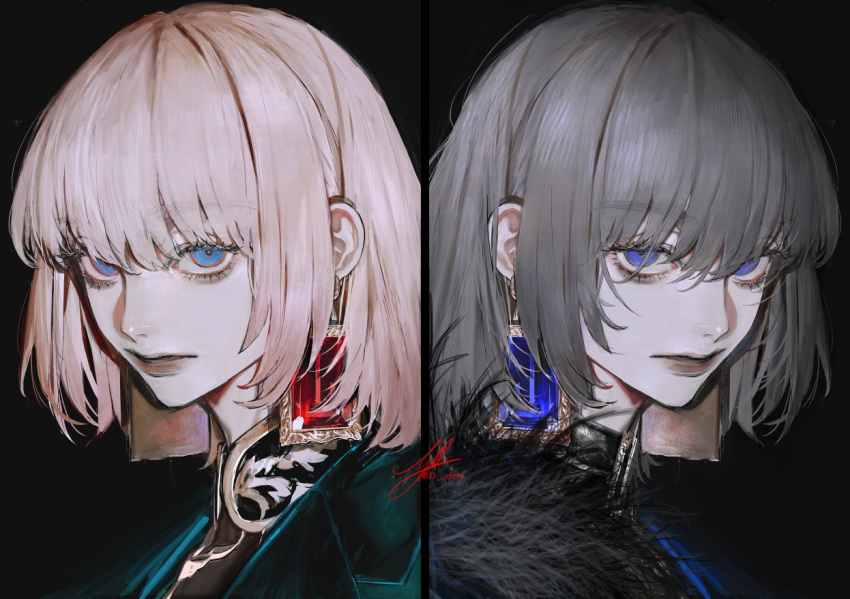 1boy au_(d_elete) black_background blonde_hair blue_eyes earrings fate/grand_order fate_(series) grey_hair jewelry looking_at_viewer multiple_views oberon_(fate) official_alternate_hair_color pale_skin short_hair signature simple_background solo tag