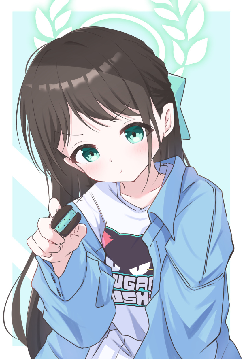 1girl :t airi_(band)_(blue_archive) airi_(blue_archive) black_hair blue_archive blue_jacket blush clothes_writing collarbone green_eyes green_halo halo highres incoming_food jacket karupa_(karupapon) long_sleeves looking_at_viewer official_alternate_costume open_clothes open_jacket shirt skirt solo upper_body v-shaped_eyebrows white_shirt white_skirt