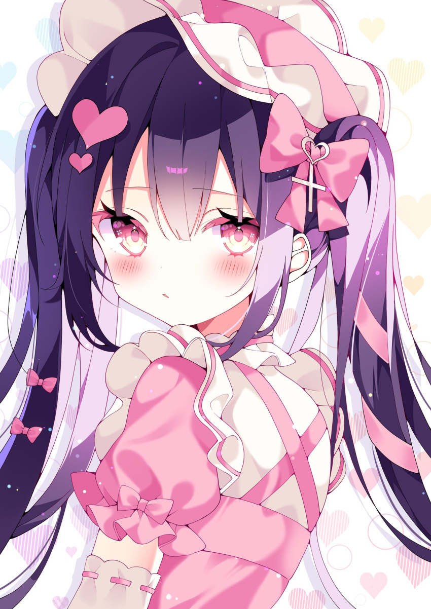 1girl black_hair blush dress elbow_gloves from_behind gloves hair_between_eyes hair_ornament hair_ribbon hat heart heart_hair_ornament highres loli long_hair looking_at_viewer original ping pink_eyes pink_ribbon ribbon short_sleeves solo suisei_1121 twintails white_gloves white_hat