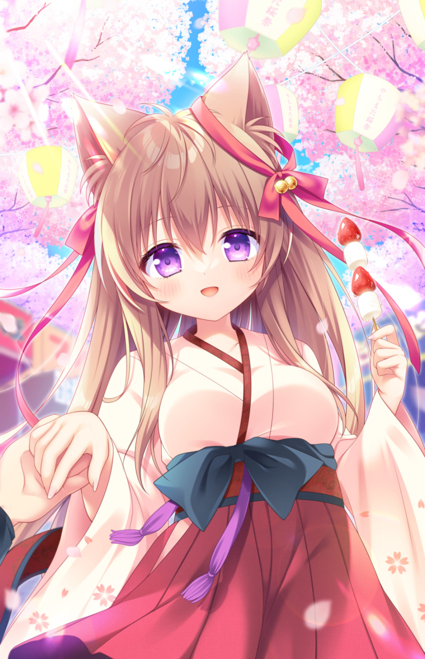1boy 1girl :d animal_ear_fluff animal_ears bell black_bow bow branch breasts brown_hair cherry_blossoms commentary_request day ear_bow flower food fruit hair_between_eyes hakama hakama_skirt highres holding holding_food japanese_clothes jingle_bell kimono long_hair long_sleeves marshmallow medium_breasts mito_mashiro obi outdoors pink_flower red_bow red_hakama ryuuka_sane sash skirt smile solo_focus strawberry tayutama very_long_hair violet_eyes white_kimono wide_sleeves