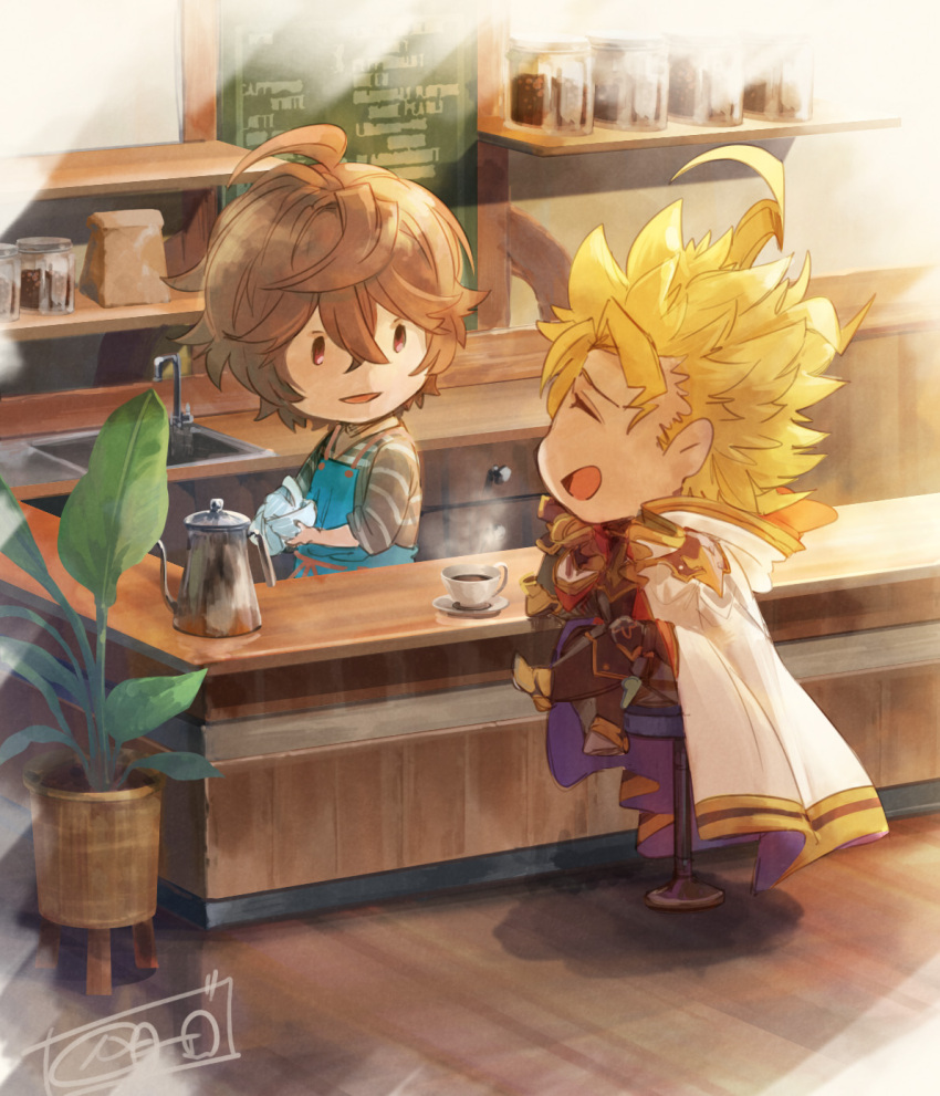2boys :d ahoge apron armor blonde_hair brown_hair cafe cape chibi cleaning closed_eyes coffee coffee_beans coffee_cup coffee_pot commentary commentary_request counter crossed_legs cup disposable_cup full_body granblue_fantasy hair_between_eyes highres hood hood_down laughing light looking_at_another male_focus messy_hair multiple_boys parted_bangs plant potted_plant red_eyes sandalphon_(granblue_fantasy) sandalphon_(server_of_a_sublime_brew)_(granblue_fantasy) seofon_(granblue_fantasy) shaodw22 shelf shirt signature sink sitting sleeves_rolled_up smile solid_oval_eyes spiky_hair steam stool striped_clothes striped_shirt vertical-striped_clothes vertical-striped_shirt