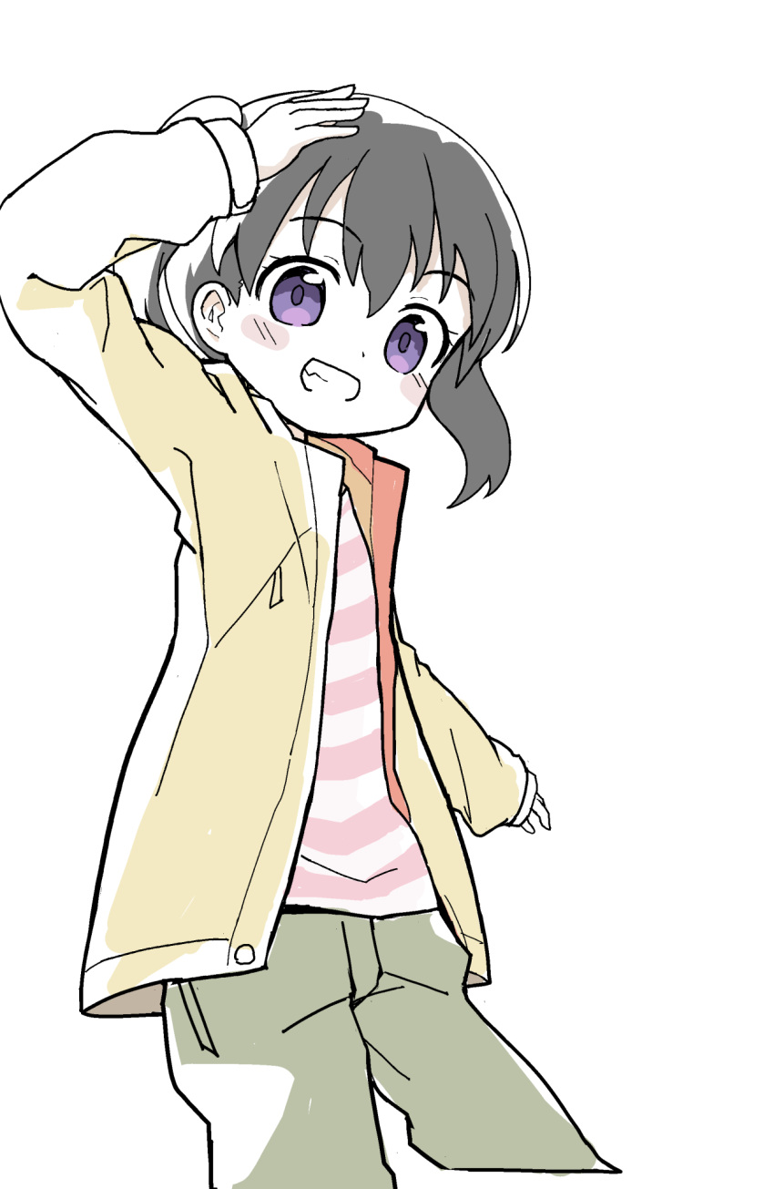 1girl arm_up black_hair blush_stickers brown_jacket brown_pants commission grin hair_between_eyes highres jacket kibisake kuraue_hinata long_sleeves looking_at_viewer open_clothes open_jacket pants puffy_long_sleeves puffy_sleeves shirt simple_background skeb_commission sleeves_past_wrists smile solo striped_clothes striped_shirt twintails violet_eyes white_background yama_no_susume