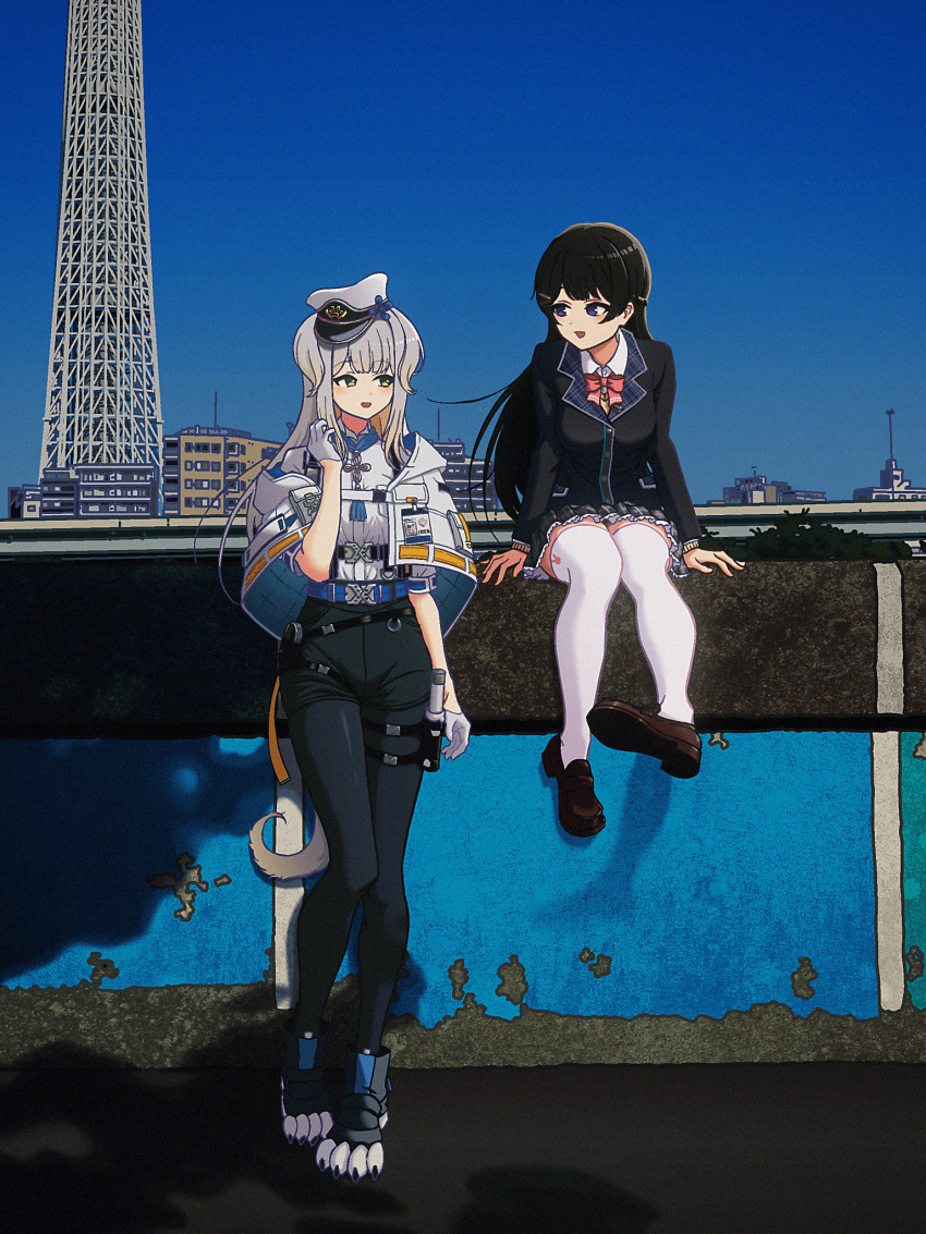 2girls :d arm_rest arms_at_sides black_footwear black_hair black_jacket black_pantyhose black_shorts black_skirt blazer blonde_hair blue_eyes blue_sky blush boots bow bowtie brown_footwear building city clear_sky collared_shirt day foot_up gloves gradient_hair grey_hair hair_ornament hairpin hat highres holster jacket loafers long_bangs long_hair long_sleeves looking_at_another miniskirt multicolored_hair multiple_girls nijisanji nkymyura open_clothes open_jacket open_mouth outdoors pantyhose pantyhose_under_shorts paw_shoes peaked_cap pink_bow pink_bowtie pleated_skirt school_uniform shadow shioriha_ruri shirt shoes shorts side-by-side sidelocks sitting_on_wall skirt sky skyscraper smile thigh-highs thigh_holster tsukino_mito virtual_youtuber white_gloves white_hat white_jacket white_shirt white_thighhighs zettai_ryouiki