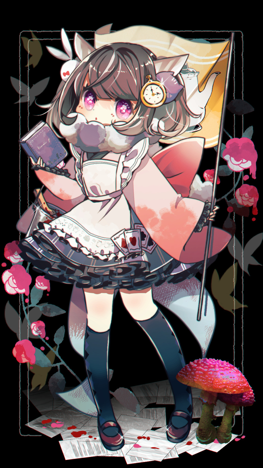 1girl :o alice_in_wonderland alternate_costume apron black_background black_skirt black_socks blood book brown_hair bug butterfly card clock_hair_ornament flag flower frilled_skirt frills full_body fur_scarf headgear highres holding holding_book holding_flag japanese_clothes kimono kneehighs looking_at_viewer maid maid_apron mary_janes medium_hair mushroom oyasumi_makura paper parted_lips petticoat pigeon-toed pink_eyes pink_kimono playing_card pocket_watch red_flower shoes short_kimono short_twintails sidelocks skirt socks solo standing touhoku_kiritan twintails unconventional_maid voiceroid wa_maid watch wide_sleeves