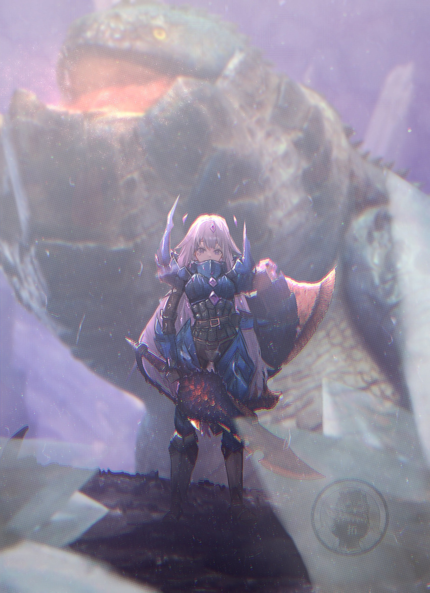 1girl absurdres alternate_costume armor armored_boots armored_dress belt boots dodogama english_commentary full_body gem highres holding holding_sword holding_weapon hololive hololive_english jewel_under_eye koseki_bijou light_particles long_hair looking_at_viewer monster monster_hunter_(series) outdoors purple_hair solo standing sword taku_artworks very_long_hair virtual_youtuber weapon