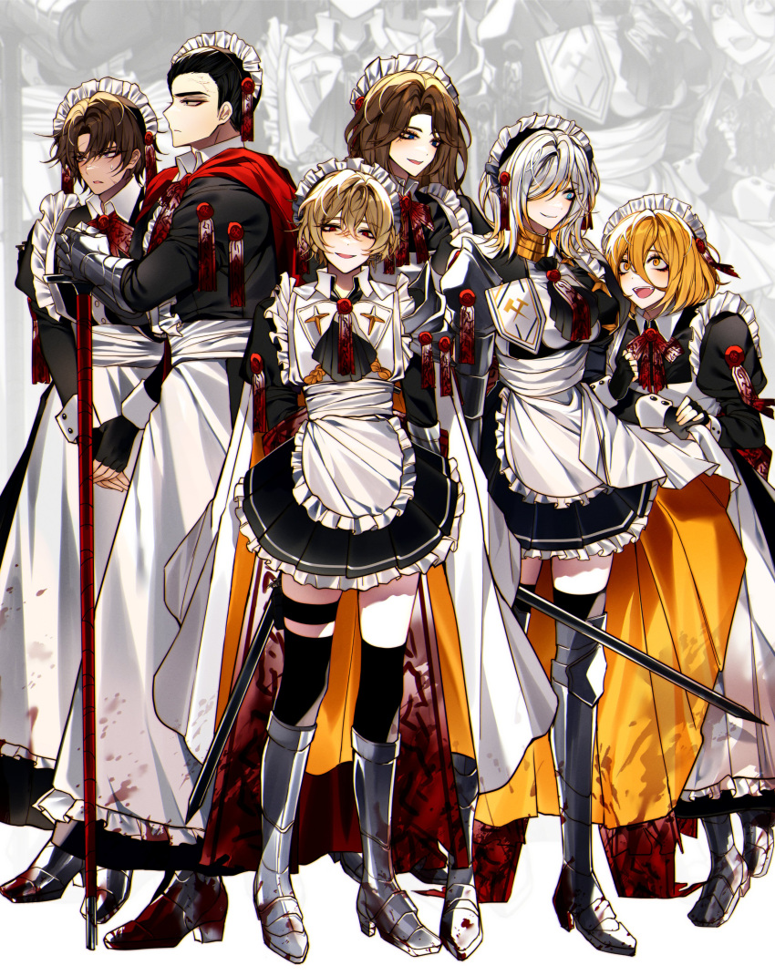 3boys 3girls absurdres alternate_costume apron armor armored_boots ascot black_ascot black_dress black_eyes black_gloves black_hair black_thighhighs blonde_hair blood blood_on_clothes blue_eyes blush boots brown_hair cape cherry_oux chromatic_aberration closed_mouth commentary constricted_pupils crazy_eyes crazy_smile crossdressing dark-skinned_male dark_skin don_quixote_(project_moon) dress empty_eyes english_commentary enmaided fang faust_(project_moon) fingerless_gloves frilled_apron frills full_body gauntlets gloves hair_between_eyes hair_over_one_eye hands_on_hilt heathcliff_(project_moon) high_heels highres holding holding_hands holding_sword holding_weapon holster juliet_sleeves limbus_company locked_arms long_dress long_hair long_sleeves looking_at_another looking_at_viewer maid maid_apron maid_headdress male_maid medium_hair meursault_(project_moon) multicolored_hair multiple_boys multiple_girls orange_cape pauldrons planted planted_sword project_moon puffy_sleeves red_eyes rodion_(project_moon) scar scar_on_cheek scar_on_face short_hair shoulder_armor simple_background sinclair_(project_moon) single_pauldron smile smirk standing streaked_hair sweat sword thigh-highs thigh_holster two-sided_cape two-sided_fabric two-tone_hair v_arms very_short_hair violet_eyes wax_seal weapon white_apron white_background white_cape white_hair zoom_layer