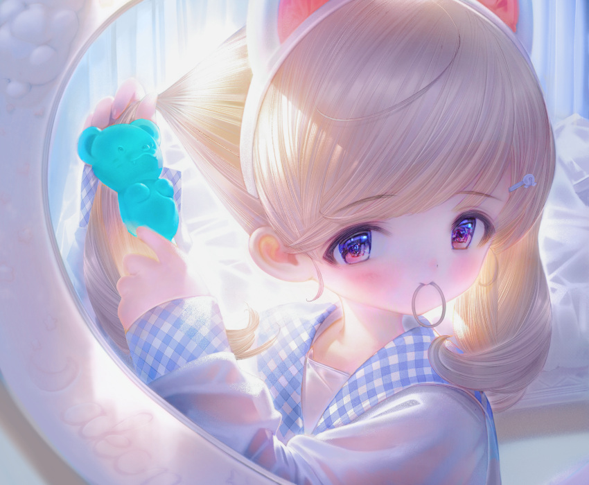 1girl absurdres animal_ears backlighting blonde_hair blush cat_ears cat_girl commentary fake_animal_ears hair_ornament hair_tie_in_mouth hairclip highres indoors medium_hair mirror mouth_hold original pink_eyes reflection sailor_collar shiratsuyu_mone smile solo symbol-only_commentary twintails tying_hair