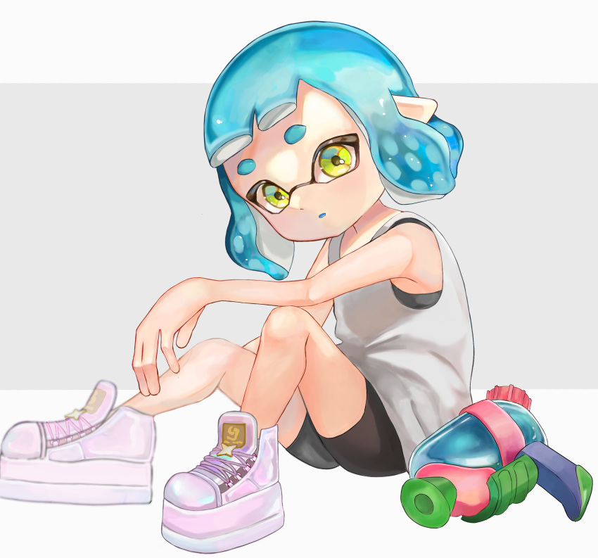 1girl absurdres bike_shorts blue_hair border commentary full_body grey_background highres inkling inkling_girl inkling_player_character letterboxed looking_at_viewer medium_hair negi_kobito open_mouth outside_border pointy_ears purple_footwear shirt shoes simple_background sitting sleeveless sleeveless_shirt solo splatoon_(series) splatoon_2 splattershot_(splatoon) symbol-only_commentary tentacle_hair thick_eyebrows white_border white_shirt yellow_eyes