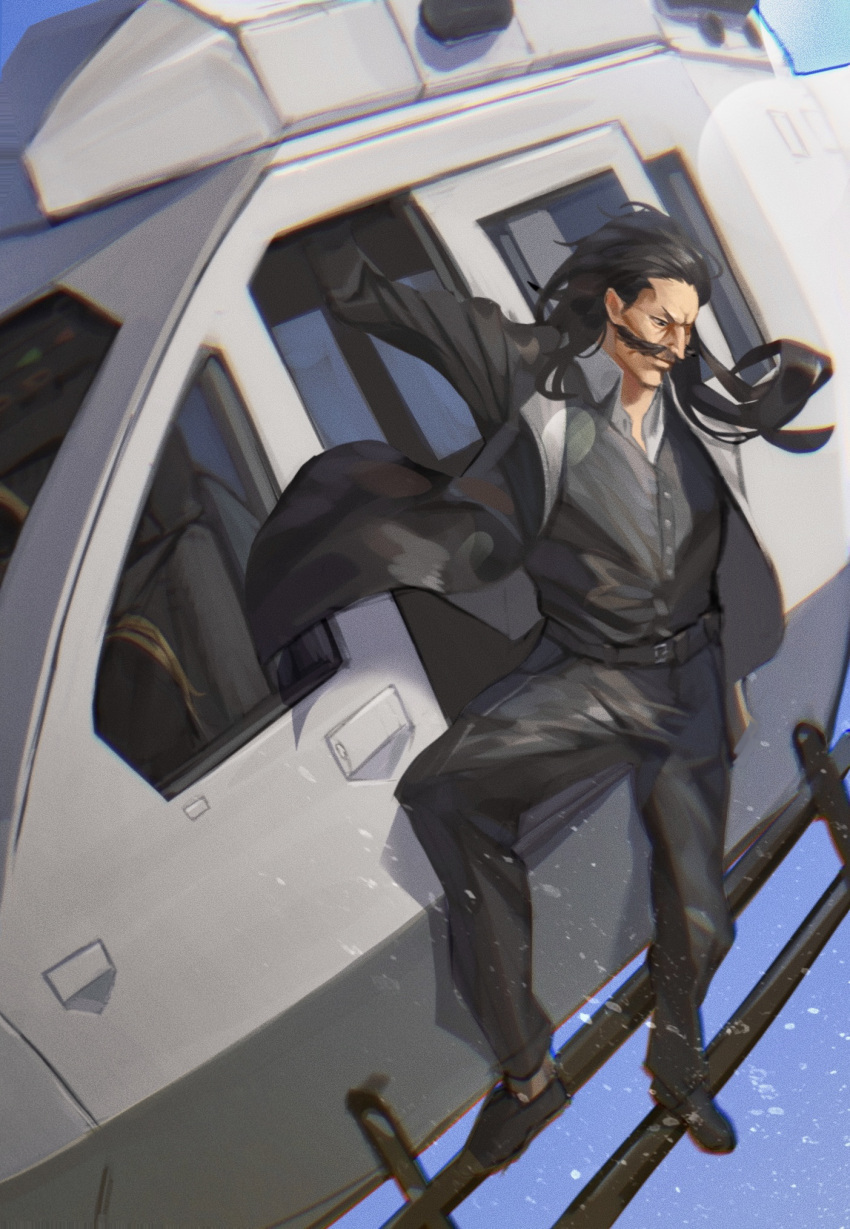 1boy aircraft arm_up black_eyes black_footwear black_jacket black_pants black_suit black_vest bleach blue_background buttons facial_hair formal full_body furrowed_brow ginyuiti hair_slicked_back helicopter highres jacket long_hair looking_down male_focus mature_male mustache on_vehicle pants shoes solo splashing standing suit thick_mustache v-shaped_eyebrows vest water_drop yhwach