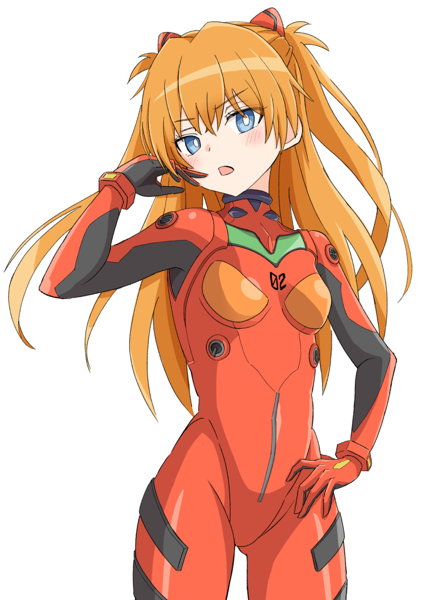 1girl blonde_hair blue_eyes bodysuit breasts highres looking_at_viewer neon_genesis_evangelion red_bodysuit simple_background small_breasts souryuu_asuka_langley thighs toushirou_(sugarwhite1046) twintails white_background