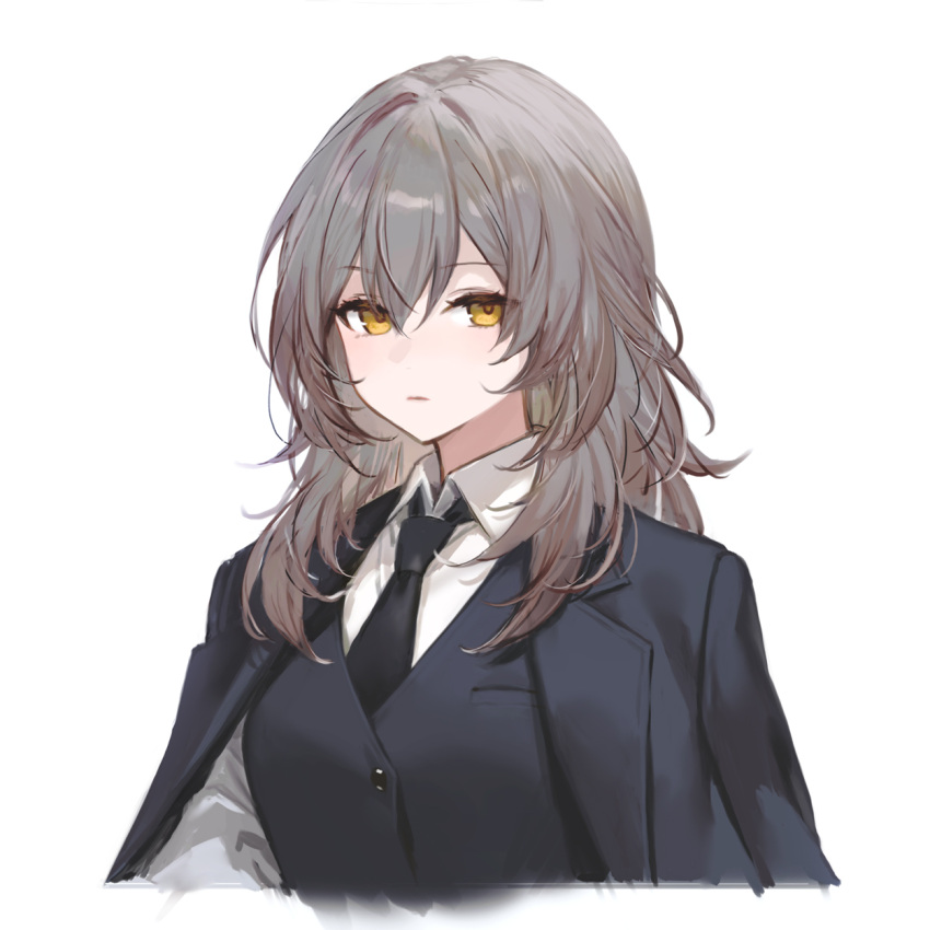 1girl adelie_cat alternate_costume black_coat black_necktie black_vest breast_pocket closed_mouth coat coat_on_shoulders collared_shirt cropped_torso expressionless grey_hair hair_between_eyes hair_intakes hashtag-only_commentary highres honkai:_star_rail honkai_(series) long_hair looking_at_viewer necktie pocket shirt simple_background solo stelle_(honkai:_star_rail) trailblazer_(honkai:_star_rail) upper_body vest white_background white_shirt yellow_eyes