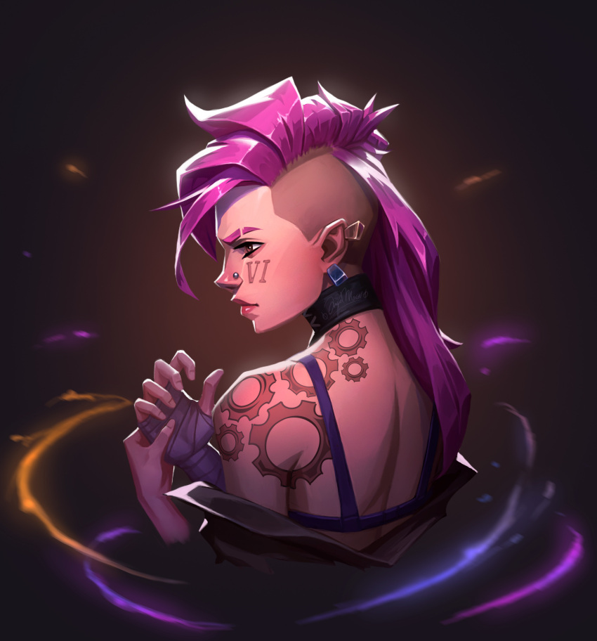 1girl absurdres angelmoonlight asymmetrical_hair bandaged_hand bandages brown_background cropped_torso earrings glowing highres jewelry league_of_legends long_hair nose_piercing piercing pink_hair profile shoulder_tattoo sidecut solo tattoo undercut upper_body vi_(league_of_legends)