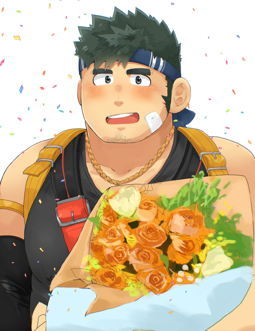 1boy bandaid bandaid_on_cheek bandaid_on_face black_hair black_tank_top blue_eyes blush bouquet chain chain_necklace collarbone confetti crave_saga date_maki detached_sleeves facial_hair goatee_stubble gold_necklace headband highres holding holding_bouquet jewelry long_sideburns looking_at_viewer male_focus muscular muscular_male necklace open_mouth parker_(crave_saga) short_hair sideburns smile solo stubble tank_top thick_eyebrows