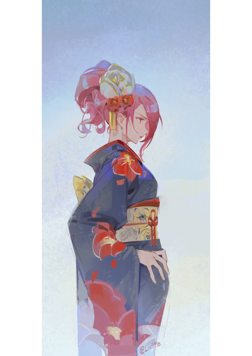 1girl absurdres black_kimono blue_kimono closed_mouth floral_print flower from_side hair_flower hair_ornament hand_on_own_hip highres japanese_clothes kimono kirijou_mitsuru lee999nine long_sleeves obi persona persona_3 ponytail profile red_eyes red_flower redhead sash simple_background solo twitter_username white_flower wide_sleeves