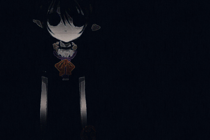 1girl akaiha_(akaihasugk) black_background black_dress black_hair blending bow bowtie commentary dress hair_between_eyes highres hollow_eyes horror_(theme) houjuu_nue long_bangs looking_at_viewer no_mouth pointy_ears red_bow red_bowtie short_hair short_sleeves simple_background solo touhou upper_body