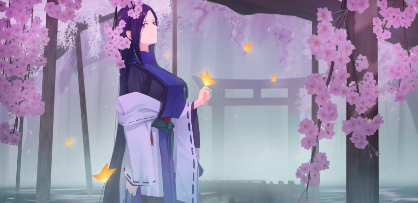 1girl breasts bug butterfly butterfly_on_hand cherry_blossoms closed_mouth clothing_request commentary_request highres japanese_clothes kis_sako large_breasts long_hair looking_at_viewer original outdoors purple_hair scenery solo tagme very_long_hair violet_eyes
