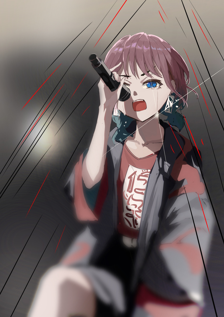 1girl absurdres black_shorts blue_hair brown_hair collarbone commentary crying crying_with_eyes_open earrings girls_band_cry gradient_hair happi highres holding holding_microphone iseri_nina japanese_clothes jewelry kuuhaku_to_catharsis low_twintails microphone multicolored_hair open_mouth pinky_out red_shirt shirt short_sleeves short_twintails shorts solo star1ynight tears twintails