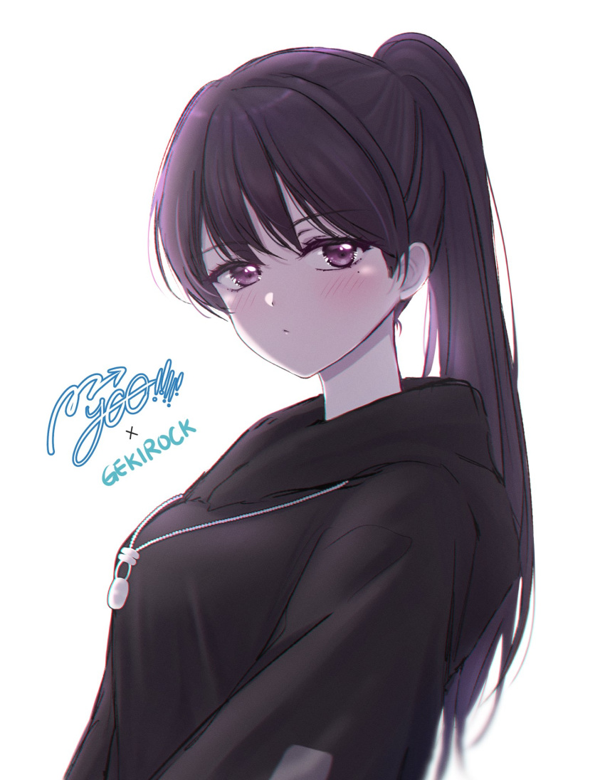 1girl bang_dream! bang_dream!_it's_mygo!!!!! black_hair black_hoodie blush closed_mouth commentary copyright_name english_commentary highres hood hood_down hoodie jewelry lone_nape_hair long_hair looking_at_viewer mole mole_under_eye necklace official_alternate_hairstyle ponytail ppora shiina_taki simple_background solo upper_body violet_eyes white_background