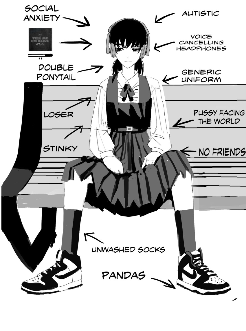 1girl absurdres arrow_(symbol) bench chainsaw_man closed_mouth collared_shirt commentary dress english_commentary english_text expressionless facing_viewer fourth_east_high_school_uniform full_body greyscale headphones highres long_hair long_sleeves medium_skirt mitaka_asa monochrome mykokampfwagen neck_ribbon pinafore_dress pleated_skirt ribbon school_uniform shirt shoes sideways_glance simple_background sitting skirt sleeveless sleeveless_dress socks solo white_background white_shirt