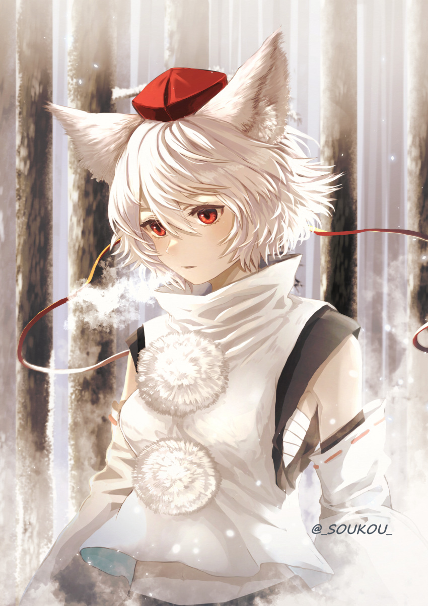 1girl absurdres animal_ear_fluff animal_ears breath chest_sarashi commentary_request detached_sleeves forest hair_between_eyes hat highres inubashiri_momiji nature open_mouth pom_pom_(clothes) red_eyes sarashi shirt short_hair soukou_(artist) tokin_hat touhou turtleneck twitter_username upper_body white_hair white_shirt white_sleeves wolf_ears wolf_girl