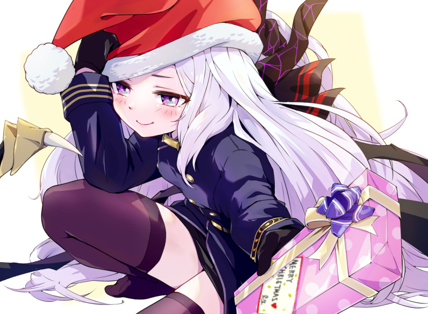 1girl black_gloves black_jacket black_skirt black_thighhighs blue_archive blush box breasts closed_mouth gift gift_box gloves hat highres hina_(blue_archive) holding holding_gift jacket long_hair long_sleeves mosuke1221 pom_pom_(clothes) red_hat santa_hat skirt small_breasts solo thigh-highs violet_eyes white_hair