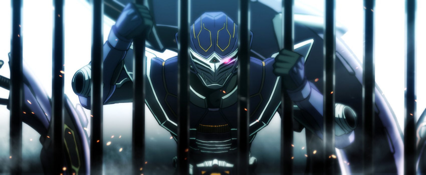 1boy advent_deck armor asumakobayashi bad_id bad_twitter_id black_gloves contract_monster gloves glowing glowing_eye helmet highres kamen_rider kamen_rider_ouja kamen_rider_ryuki_(series) light looking_at_viewer male_focus prison prison_cell purple_armor shade shadow twitter_username upper_body v_buckle venosnaker
