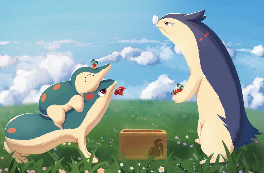 absurdres box closed_mouth clouds commentary_request cyndaquil day evolutionary_line flower from_side grass highres holding mouth_hold outdoors pokemon pokemon_(creature) quilava red_eyes red_flower sky tenkuu_fukurou typhlosion