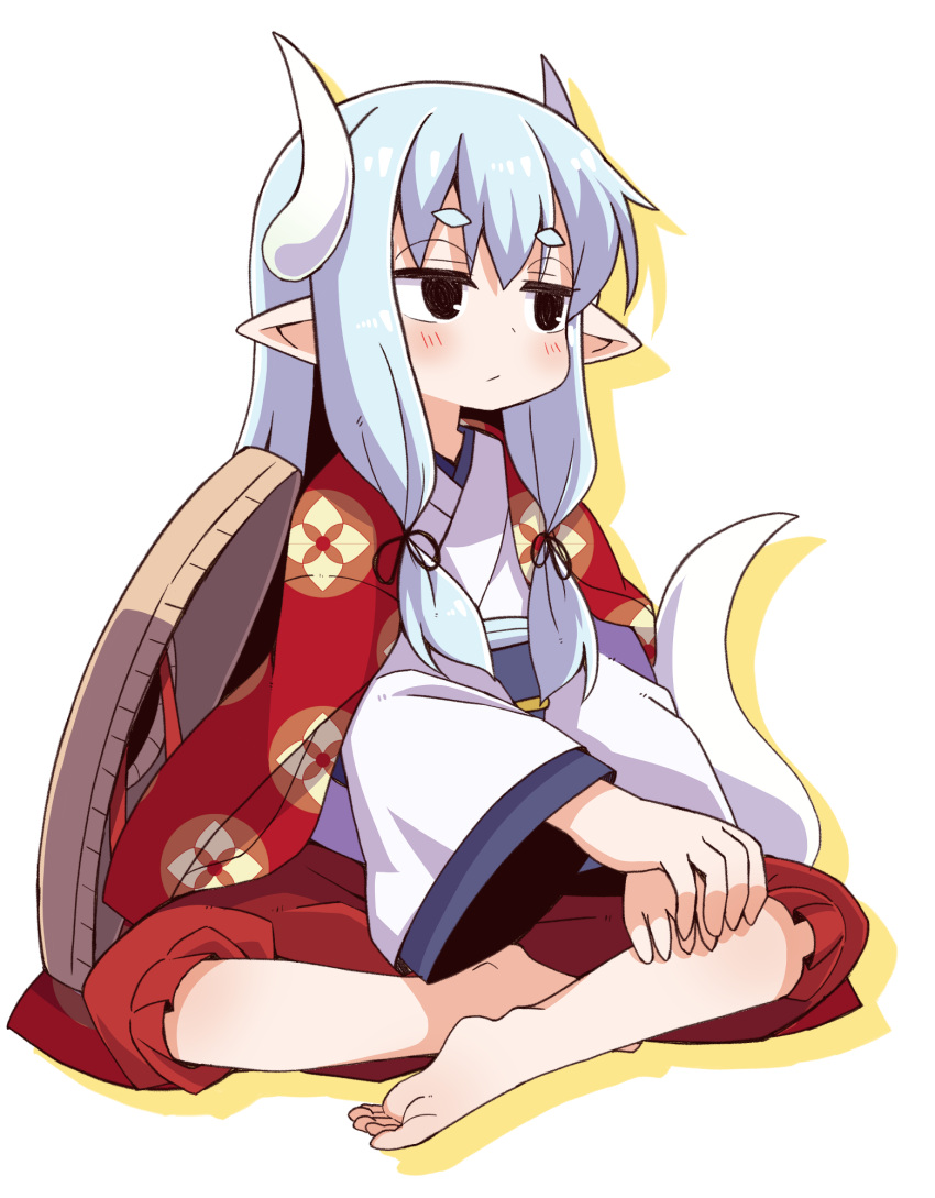 1girl barefoot black_eyes blue_hair closed_mouth full_body hat highres horns indian_style japanese_clothes kasa_(heichao_zhishang) kimono long_hair long_sleeves looking_to_the_side original pointy_ears shadow sitting solo tail tsukimi_shokudouki unworn_headwear white_background wide_sleeves yukinagi