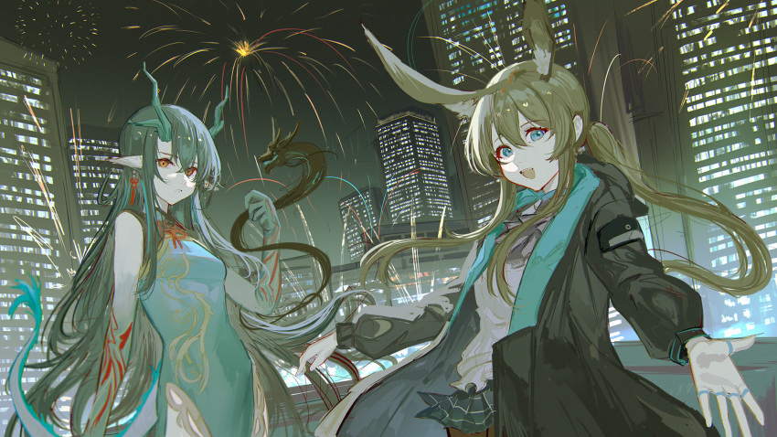 1girl 2girls amiya_(arknights) animal_ears arknights bare_shoulders black_hair blonde_hair blue_eyes breasts building city cityscape colored_skin dragon_girl dragon_horns dragon_tail dress dusk_(arknights) earrings green_hair hair_between_eyes highres horns jacket jewelry long_hair looking_at_viewer multicolored_hair multiple_girls naoel_(naoel_art) night open_clothes open_jacket open_mouth outdoors pointy_ears red_eyes skyscraper smile streaked_hair tail very_long_hair