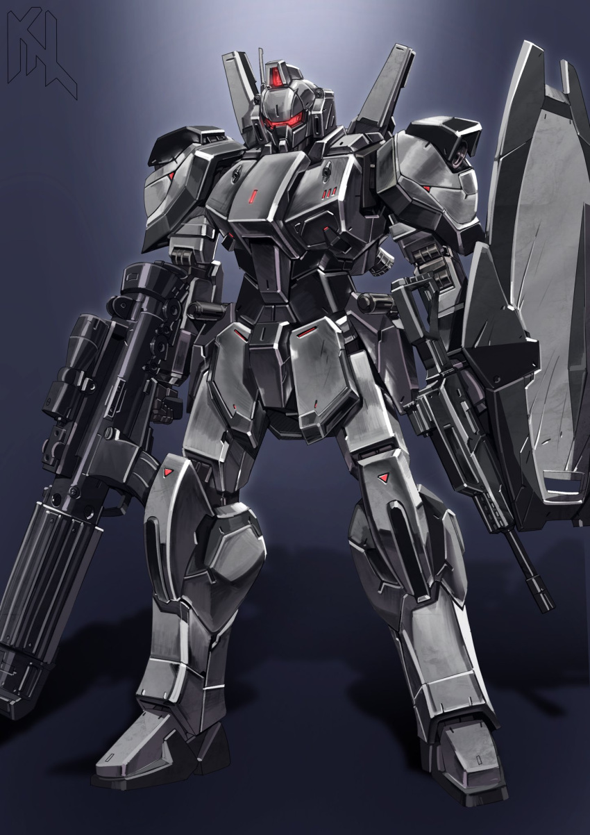 arm_shield arms_at_sides artist_logo assault_visor beam_rifle commentary commission dual_wielding energy_gun english_commentary full_body gradient_background gun gundam gundam_seed highres holding holding_gun holding_weapon legs_apart mecha mecha_focus mobile_suit no_humans porukima radio_antenna redesign robot science_fiction scope shadow solo standing strike_dagger weapon