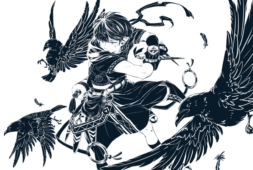 1boy belt bird crow dual_wielding facial_mark feathers fingerless_gloves full_body gloves hands_up highres holding kunai looking_to_the_side male_focus monochrome o-ring original pointy_ears sandals scroll shiharu1115 short_hair short_sleeves socks solo standing standing_on_one_leg symbol-shaped_pupils triangle-shaped_pupils weapon
