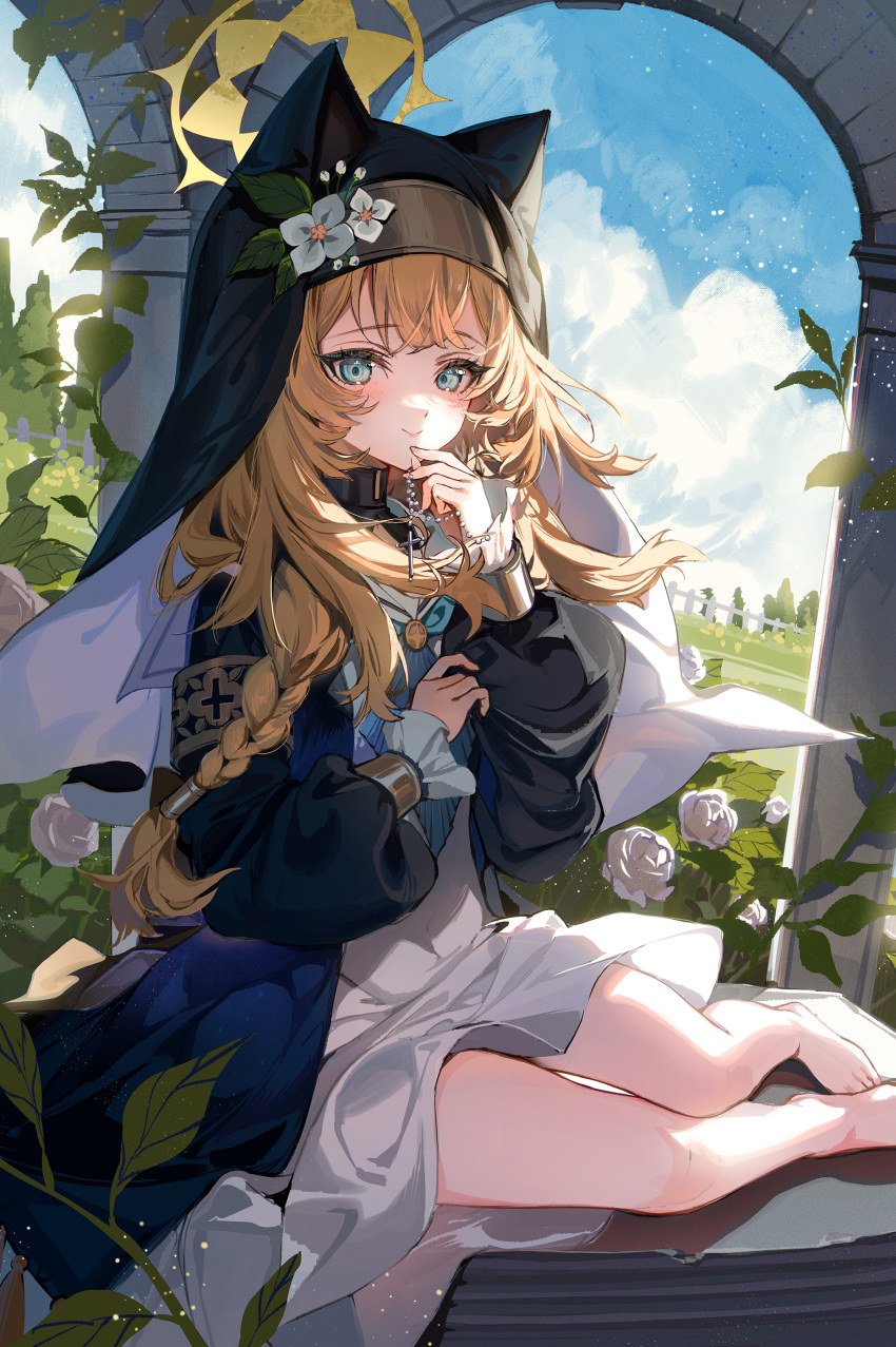 1girl absurdres akizero1510 animal_ear_headwear barefoot blue_archive blue_eyes blush braid closed_mouth coif day flower habit halo hat hat_flower highres long_hair long_sleeves looking_at_viewer mari_(blue_archive) nun orange_hair single_braid smile solo white_flower yellow_halo